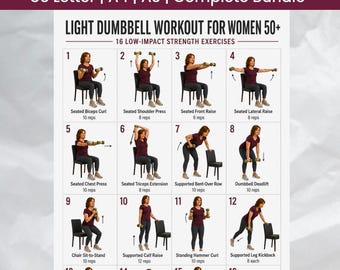 Light Dumbbell Workout for Women 50+ | Low Impact Strength Routine | Printable Fitness Poster & 28-Day Tracker (Digital Download)