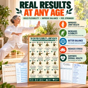 May include: A framed instructional poster titled Tai Chi for Flexibility & Joint Health featuring 16 numbered exercise illustrations, accompanied by a fitness planner, water tracker, weekly schedule, and wellness habit tracker on a wooden surface.