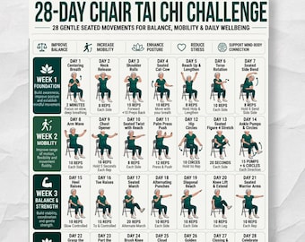 28-Day Chair Tai Chi Challenge, Seated Exercise Printable for Seniors, Daily Movement Tracker