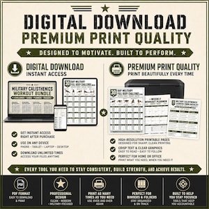 May include: A digital download bundle for military calisthenics featuring workout plans, trackers, and planners. The image displays a laptop, tablet, and printed pages with text including 30 DAY MILITARY FULL BODY CHALLENGE and MILITARY CALISTHENICS WORKOUT BUNDLE.