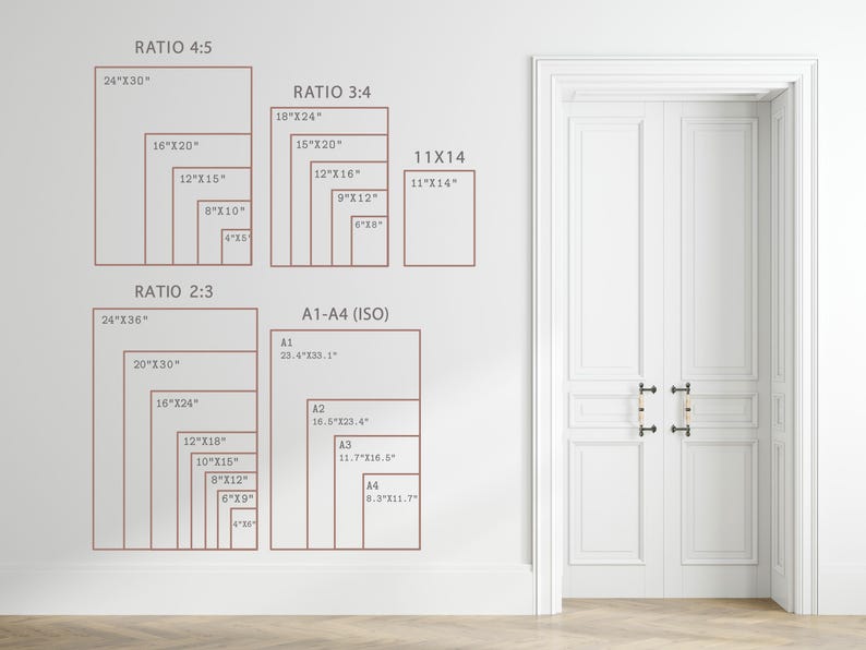 May include: A white wall displays a size guide chart with text labels for Ratio 4:5, Ratio 3:4, 11x14, Ratio 2:3, and A1-A4 ISO, listing various dimensions in inches and centimeters for print sizes next to a white double door with gold handles.