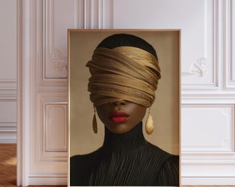 Op de afbeelding: Een ingelijste kunstdruk met een portret van een persoon met een donkere huidskleur in een zwarte geplooide top met een hoge hals. De ogen zijn bedekt met meerdere lagen gouden stoffen stroken. De persoon draagt gouden druppelvormige oorbellen.