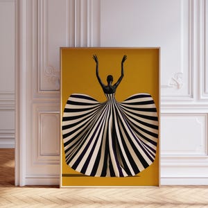 A striking black and white afrocentric wall art print of a Black woman seen from behind, her arms raised high in a wide and triumphant V. Her dramatic striped gown fans out into an enormous shell of black and cream rays that radiate across a warm gold background. This trendy African American poster turns a single figure into a bold graphic statement, modern and minimal yet full of a quiet power. A black owned digital download made for bar cart, dining room, gallery, and apartment wall decor.