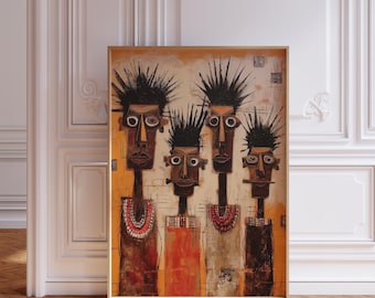 May include: A framed vertical wall art print featuring four stylized figures with elongated necks, dark spiky hair, and large circular eyes. The figures are rendered in shades of brown, orange, and cream, wearing necklaces and textured garments.