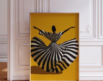 Black Woman Spinning in Striped Dress, Girly Afrocentric Wall Art, Black Owned Poster, Trendy African American Art, Funky Yellow Decor