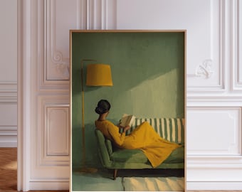 Black Woman Reading On Sofa  Poster, African American Sage Green Print, Boho Afrocentric Wall Art, Black Owned Living Room Book Lover Decor