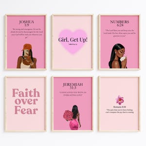 May include: A set of six pink wall art prints featuring inspirational quotes and illustrations. Designs include Joshua 1:9, Girl Get Up, Numbers 6:24, Faith over Fear, Jeremiah 31:3, and Romans 8:18, each framed in light wood with various pink tones.