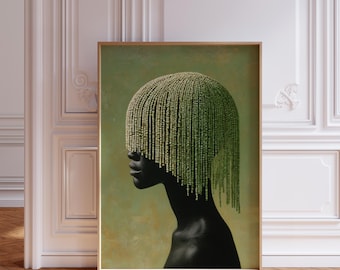 Vintage Black Woman Portrait Art, Beaded Hair Afrocentric Print, Sage Green Boho Decor (Digital Download)