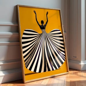 May include: A framed vertical wall art print featuring a silhouette of a person with arms raised, wearing a voluminous gown with bold black and white vertical stripes against a solid, vibrant mustard yellow background.