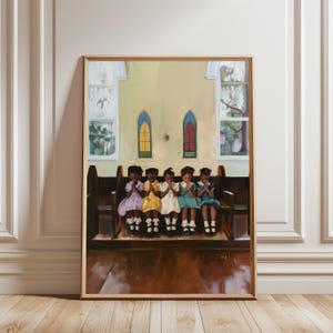 May include: A framed painting depicting five young children sitting in a wooden church pew with their hands clasped in prayer. The children wear dresses in shades of lavender, yellow, white, teal, and blue, with two stained glass windows behind.