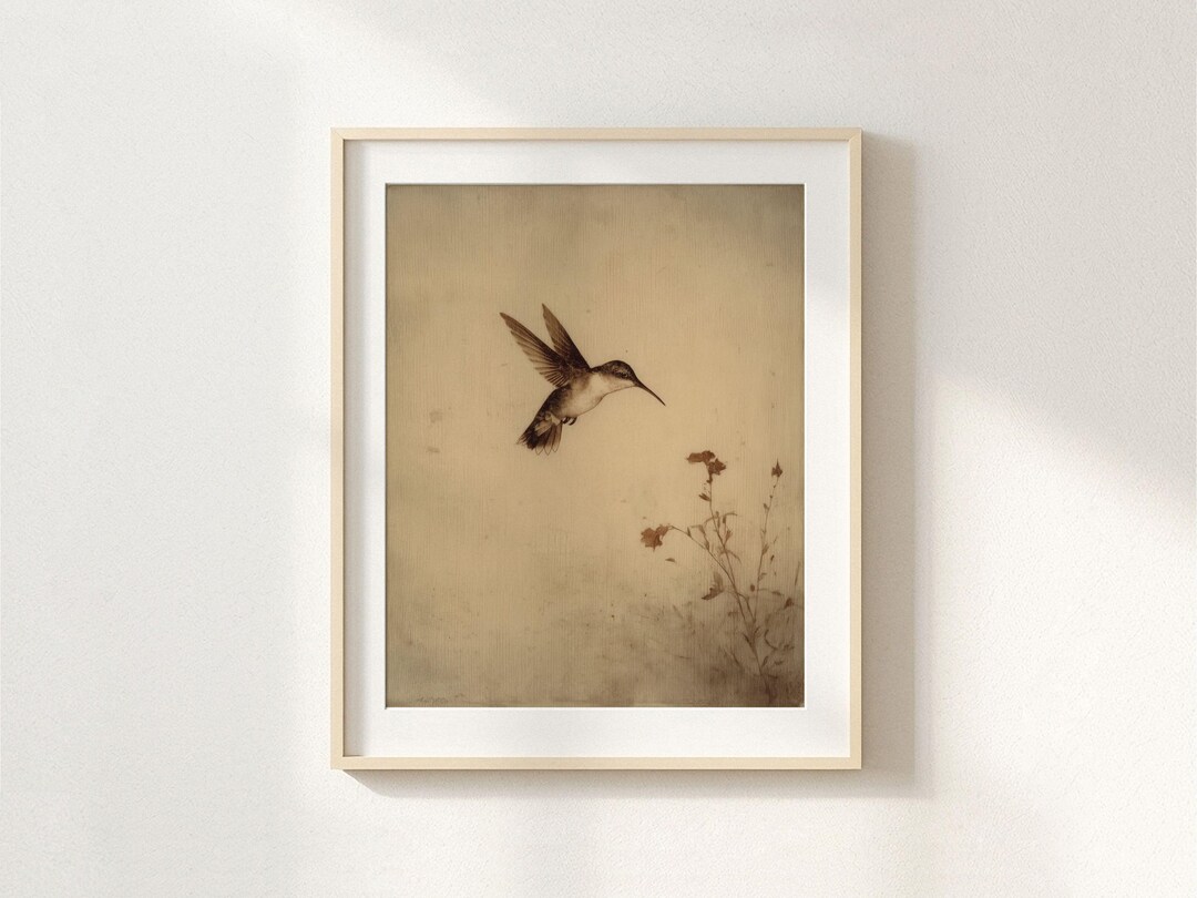 Boho Hummingbird Wall Art, Vintage Bird Painting, Cottage Core Decor ...