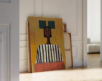 May include: A rectangular framed painting featuring a stylized figure with a dark brown face and bobbed hair. The figure wears a black and white vertically striped top against a mustard yellow background, with two dark teal squares above the head.