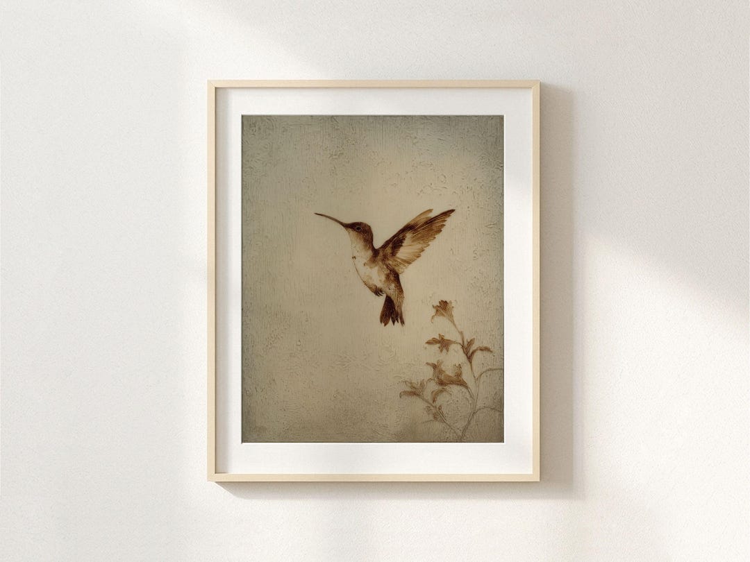 Vintage Hummingbird Wall Art, Boho Woodblock Prints, Cottage Core Decor ...