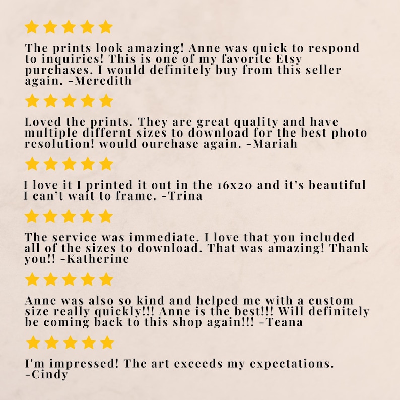 May include: A collection of six five-star customer reviews displayed in black text on a light beige background. Each review is preceded by five yellow stars and includes feedback from customers named Meredith, Mariah, Trina, Katherine, Teana, and Cindy.