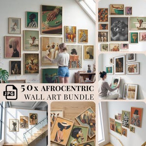 Könnte beinhalten: Eine Sammlung von 50 digitalen Wandkunst-Drucken mit verschiedenen afrozentrischen Illustrationen, Porträts und Szenen in unterschiedlichen Stilen, präsentiert als Bündel von JPG-Dateien für die Wanddekoration in verschiedenen Galerierahmen.