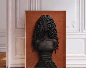 Op de afbeelding: Een ingelijst kunstwerk aan de muur met een getextureerde, donker terracotta-kleurige achtergrond. In het midden staat een driedimensionale, zwarte, gezichtsloze buste van een figuur met lang, krullend haar, gekleed in een strapless top.