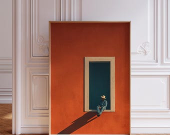 Orange Minimalist Man in Window Wall Art, Abstract MCM Wall Art, Boho Wall Decor, Mid Century Modern, Moody Eclectic Modern Bedroom Decor