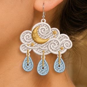 Celestial Cloud Earrings | Moon, Stars, Raindrops Freestanding Lace (Digital Embroidery File)
