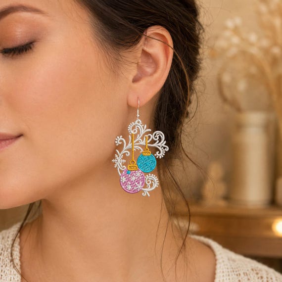 FSL Christmas Ornament Earrings Embroidery Design | Freestanding Lace Bauble Jewelry (Digital Download)