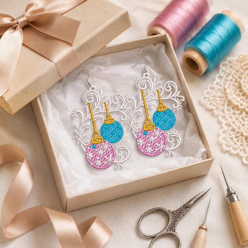 Puede incluir: Un par de pendientes bordados con filigrana blanca y formas de adornos navide&ntilde;os colgantes en rosa y azul. Los adornos tienen tapas doradas y patrones de copos de nieve blancos. Los pendientes se presentan en una caja de regalo.