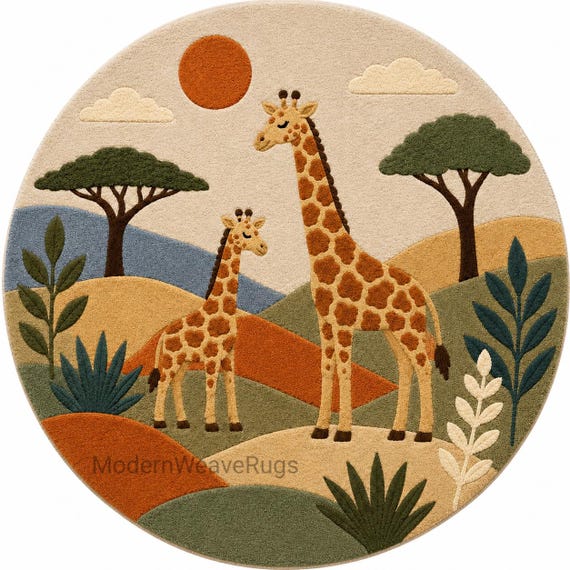 Round Giraffe Safari Rug, Hand Tufted Nursery Carpet, Jungle Playroom Decor