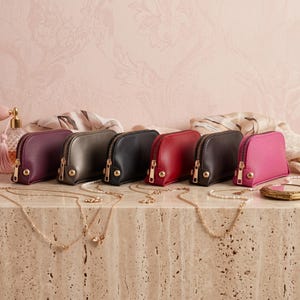 May include: A row of six small, semi-circular zippered pouches in purple, gray, black, red, dark brown, and bright pink. Each pouch features a gold-toned zipper and two gold-toned studs at the base. Delicate gold-toned necklaces are draped in front.