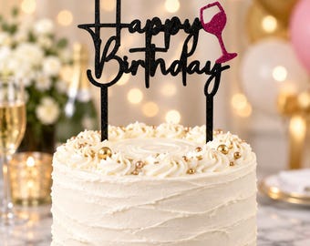 Happy Birthday Cake Topper Digital Download, Wine Glass Design (Commercial License)