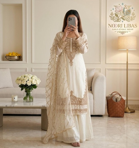 Indian Designer White Kurta Sharara Suit Salwar Kameez with Dupatta 3pc Set Readymade , Sharara for Women,Pakistani Suit Punjabi Wedding Dre