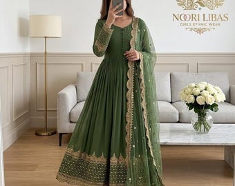 Designer Green Heavy Embroidered Sequence work Salwar Kameez with Dupatta, Green Wedding Anarkali, Party wear Dress, Function wear,Mahendi O
