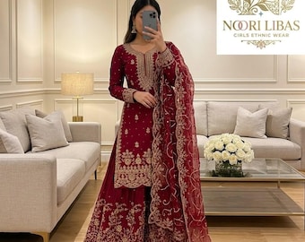 Designer kastanjebruine zijden sharara-pak, kastanjebruine outfit, Pakistaanse Indiase etnische kleding
