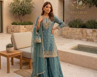 Indian Designer Blue Kurti Palazzo with Dupatta for Women , Ethnic Silk Kurti Suit for women 3 pc,Readymade Partywear Salwar Kameez for Wome