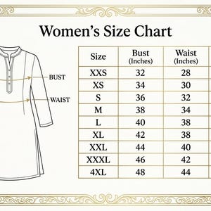 May include: A Women's Size Chart with bust, waist, and hip measurements in inches. Sizes range from XXS to 4XL, with bust measurements from 81 to 122 cm. The chart includes a line drawing of a long-sleeved tunic.
