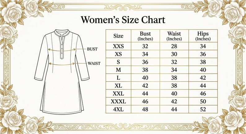 May include: A Women's Size Chart with bust, waist, and hip measurements in inches. Sizes range from XXS to 4XL, with bust measurements from 81 to 122 cm. The chart includes a line drawing of a long-sleeved tunic.