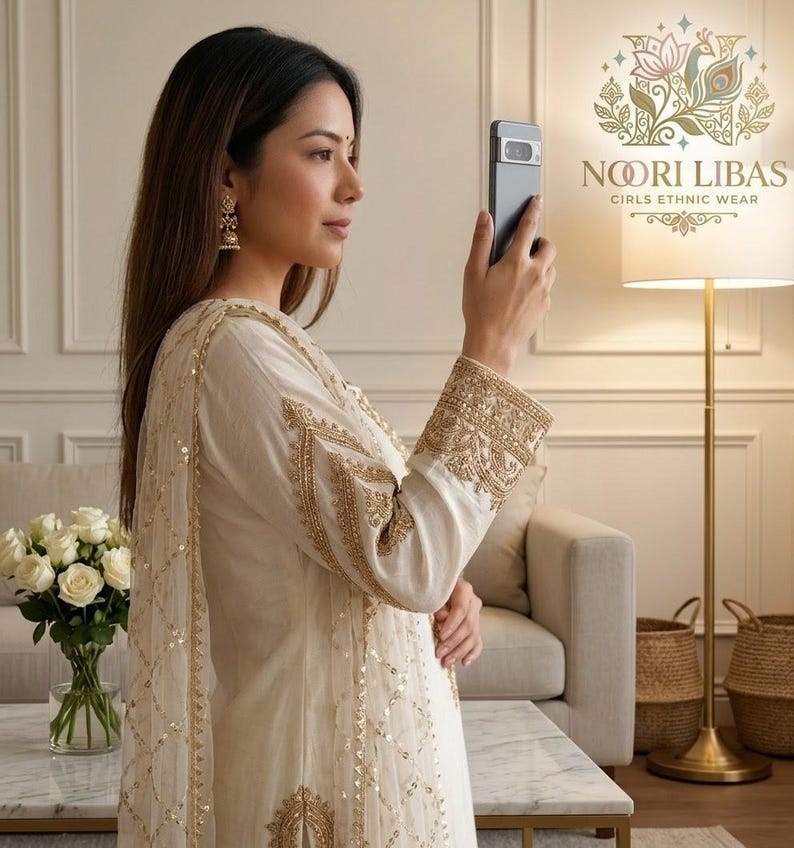 May include: A woman in a cream-coloured ethnic wear outfit with gold embroidery and embellishments. The outfit includes a long-sleeved top and a matching scarf. The image also shows the brand logo "NOORI LIBAS GIRLS ETHNIC WEAR".