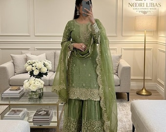 Designer Green  Women Kurta Sharara Set for wedding, Salwar Kameez for women, Pakistani suit for women, Ethnic Dress,Women Top sharara Set