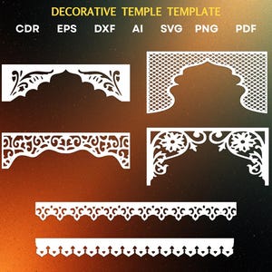 May include: White decorative temple templates in various designs. The image includes templates for CDR, EPS, DXF, AI, SVG, PNG, and PDF formats. The templates feature intricate cut-out patterns, including floral and geometric designs.