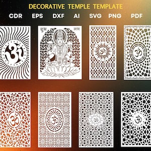 Op de afbeelding: Een verzameling witte decoratieve tempel sjablonen met ingewikkelde uitgesneden ontwerpen. De ontwerpen omvatten het Om-symbool, afbeeldingen van goden en geometrische patronen. De sjablonen zijn beschikbaar in verschillende bestandsformaten, waaronder CDR, EPS, DXF, AI, SVG, PNG en PDF.