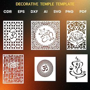 May include: A digital collection of six decorative temple templates featuring white line art designs on a dark background. The designs include Om symbols and Ganesha figures in various patterns. Text at the top reads DECORATIVE TEMPLE TEMPLATE, CDR, EPS, DXF, AI, SVG, PNG, PDF.