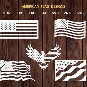 Könnte beinhalten: Weiße amerikanische Flaggen-Designs in verschiedenen Stilen, darunter eine wehende Flagge, eine rechteckige Flagge und eine Adlersilhouette. Die Designs werden auf einem Holzgrund gezeigt. Der Text oben lautet "AMERICAN FLAG DESIGNS".