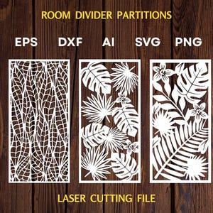 May include: A collection of white laser-cut room divider designs featuring botanical patterns. The image shows several file formats: CDR, EPS, DXF, AI, SVG, PNG, and PDF. The text "ROOM DIVIDER PARTITIONS" is at the top. The phrase "LASER CUTTING FILE" is at the bottom.