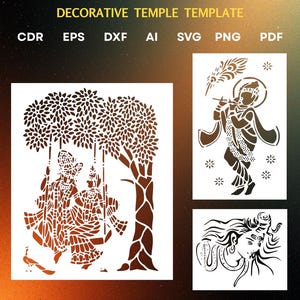 May include: A decorative template set featuring three distinct brown stencil designs on a white background. The designs include a couple on a swing under a tree, a figure playing a flute with a peacock feather, and a portrait of a deity with flowing hair.
