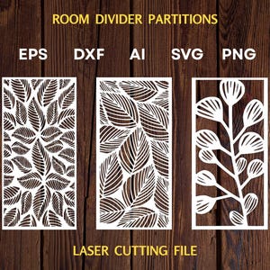 May include: White laser-cut room divider partitions with various leaf and floral designs. The image includes file format icons: CDR, EPS, DXF, AI, SVG, PNG, and PDF. Text reads "ROOM DIVIDER PARTITIONS" and "LASER CUTTING FILE". An "Instant Download" icon is also present.