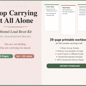May include: A printable workbook titled "Stop Carrying It All Alone" for overwhelmed people. The cover features text and a list of included items, such as brain dump sheets and partner conversation scripts. The workbook is 39 pages and available for instant download.