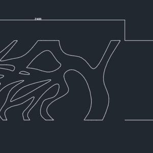 May include: Architectural blueprint of a decorative panel with an organic, flowing design. The panel's dimensions are indicated as 2430 mm wide and 710 mm high, with a detailed cutout pattern. The design is rendered in white lines against a black background.