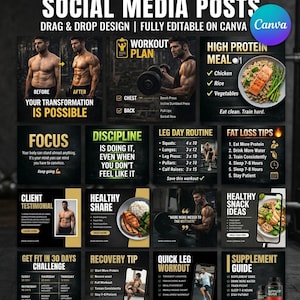 21 modelos de Instagram para fitness | Canva: Posts de treino e motivação para a academia (Download digital)