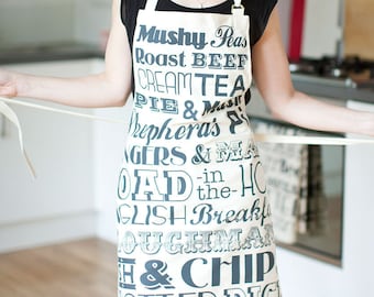 English Dinner Apron - Lovingly Made In Britain, Cotton Apron, Screen-printed Apron, Kitchen Gift, Housewarming Gift