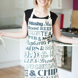 English Dinner Apron Lovingly Made In Britain, Cotton Apron, Screen-printed Apron, Kitchen Gift, Housewarming Gift image 1