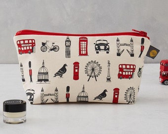 London Icons Cosmetic Bag / Pencil Case - Hecho con amor en Gran Bretaña, regalo para ella, Bolsa de maquillaje, Bolsa de lavado, Bolsa de algodón, Bolsa de tocador