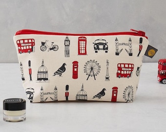 London Icons Cosmetic Bag / Pencil Case - Hecho con amor en Gran Bretaña, regalo para ella, Bolsa de maquillaje, Bolsa de lavado, Bolsa de algodón, Bolsa de tocador