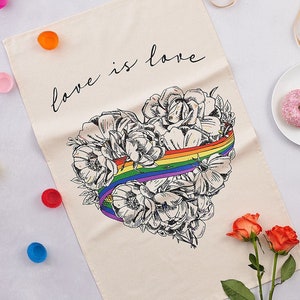 Love is Love LGBTQ Pride Tea Towel, Cotton Tea Towel, Cotton Kitchen Towel, Cotton Dish Towel, Handmade in UK image 1